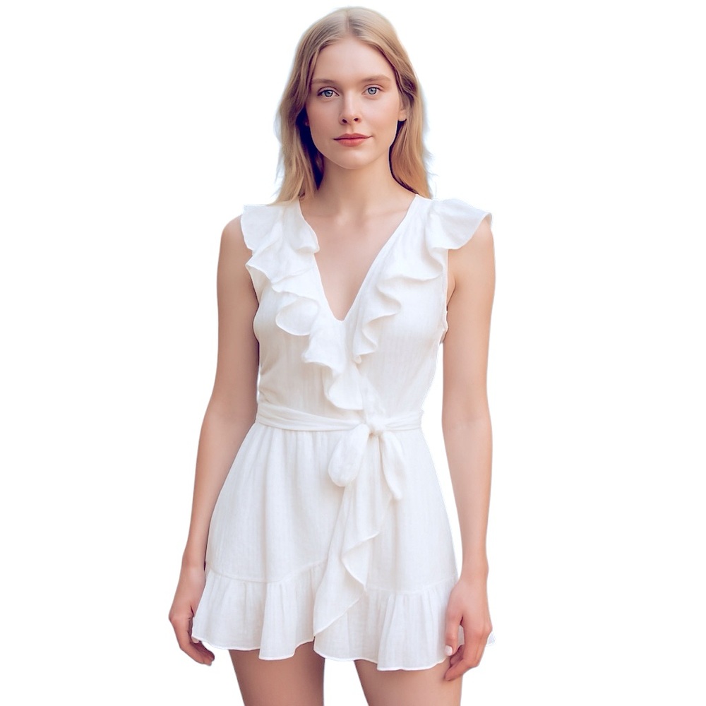 ANGEL BIBA MY EYES OPEN WHITE RUFFLE FLOUNCY SLEEVELESS MINI DRESS L